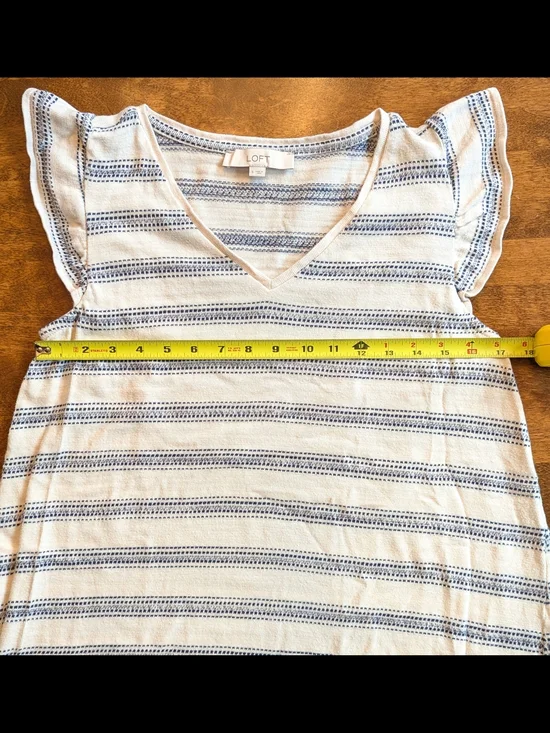 LOFT Cream and Navy Striped V-Neck 100% Cotton Flutter Sleeve Mini Dress - Small - Picture 5 of 6